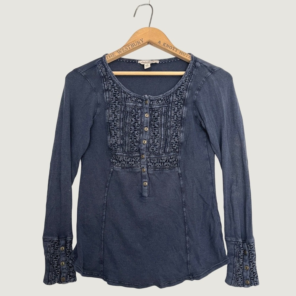 Lucky Brand Womens Small Blue Waffle‎ Knit Henley Top Crochet Lace Bib Thermal
